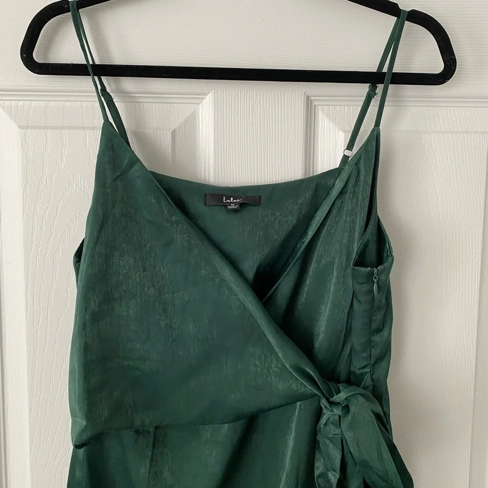 Forest Green Satin Midi Wrap Dress - Picture 4 of 5